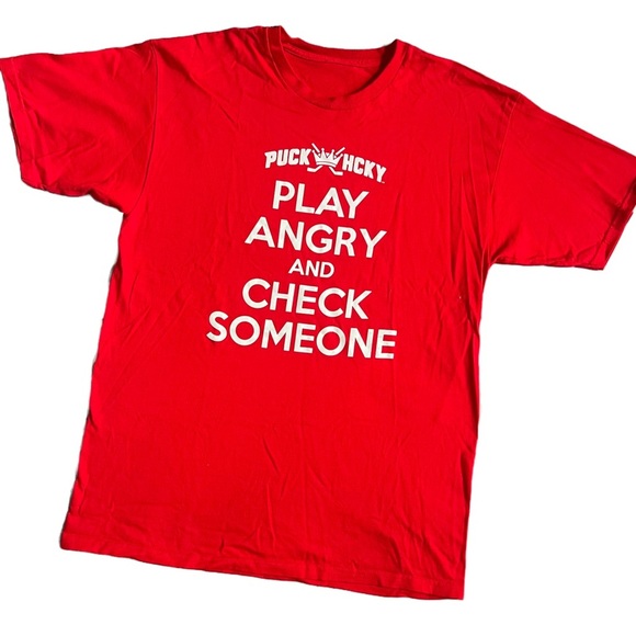 PUCK HCKY RED “PLAY ANGRY AND CHECK SOMEONE” SHORT SLEEVE GRAPHIC T-SHIRT - Picture 2 of 6